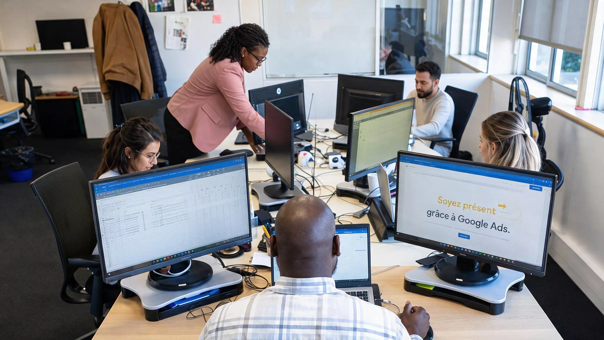 Équipe OBOXIA en production dans l'open space, pilotage des campagnes Google Ads sur les écrans